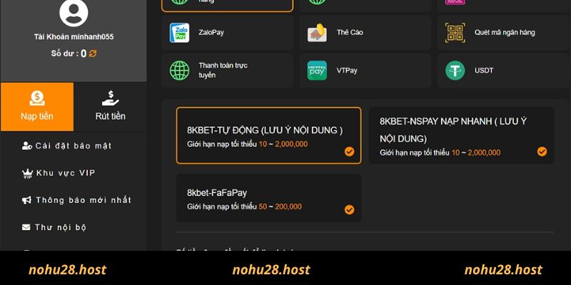 Hướng dẫn nạp tiền Nohu nhanh chóng trong 3 phút